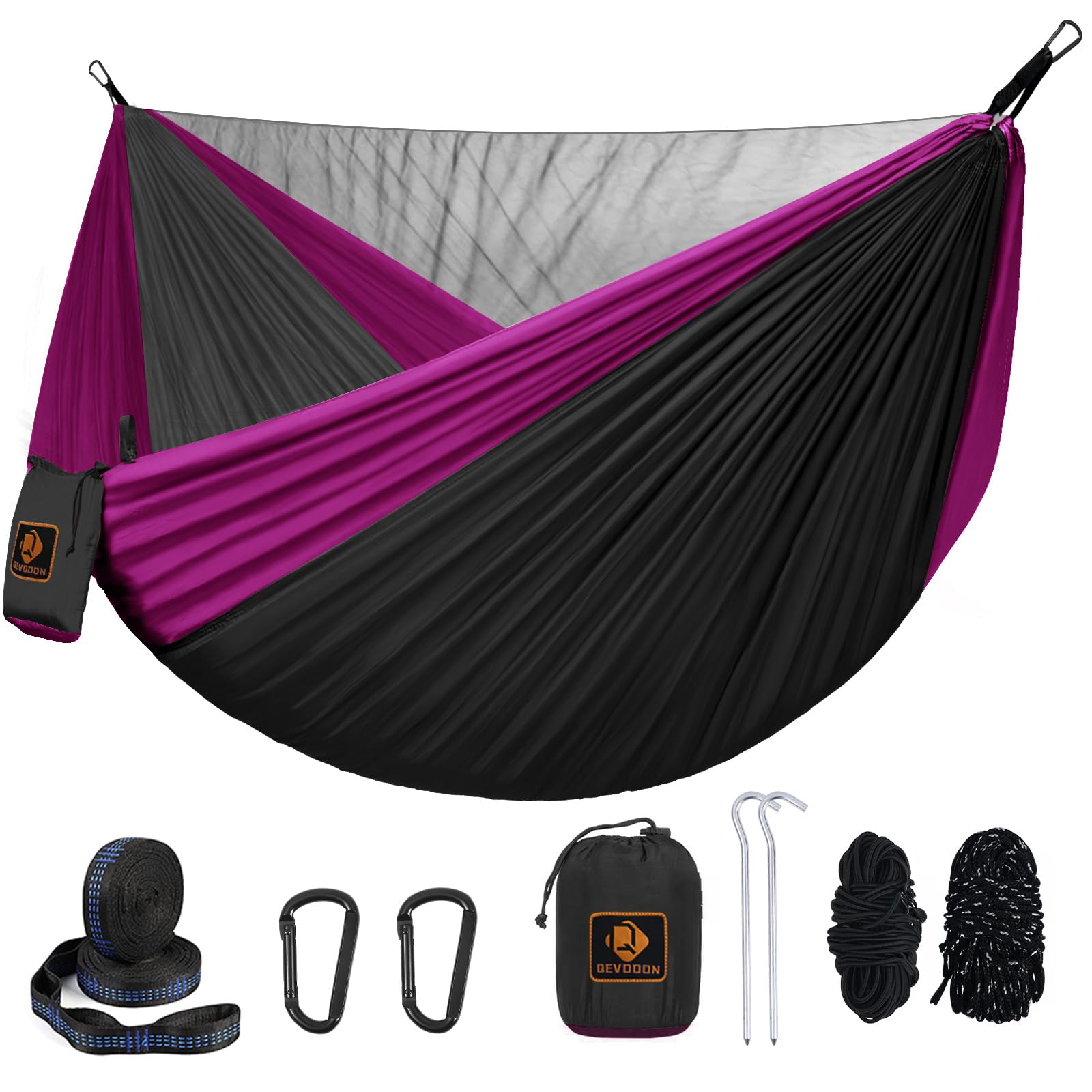 Qevooon front view hammock showing full double bed and mosquito net, promotes comfortable relaxation
