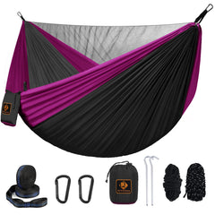 Qevooon front view hammock showing full double bed and mosquito net, promotes comfortable relaxation
