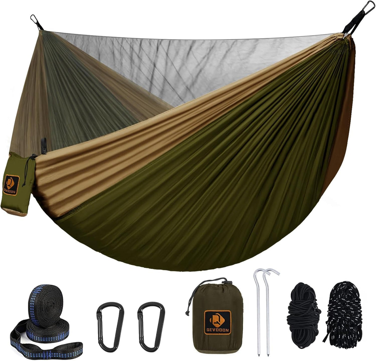 Qevooon front view of packed hammock showing compact carry bag and straps for travel convenience