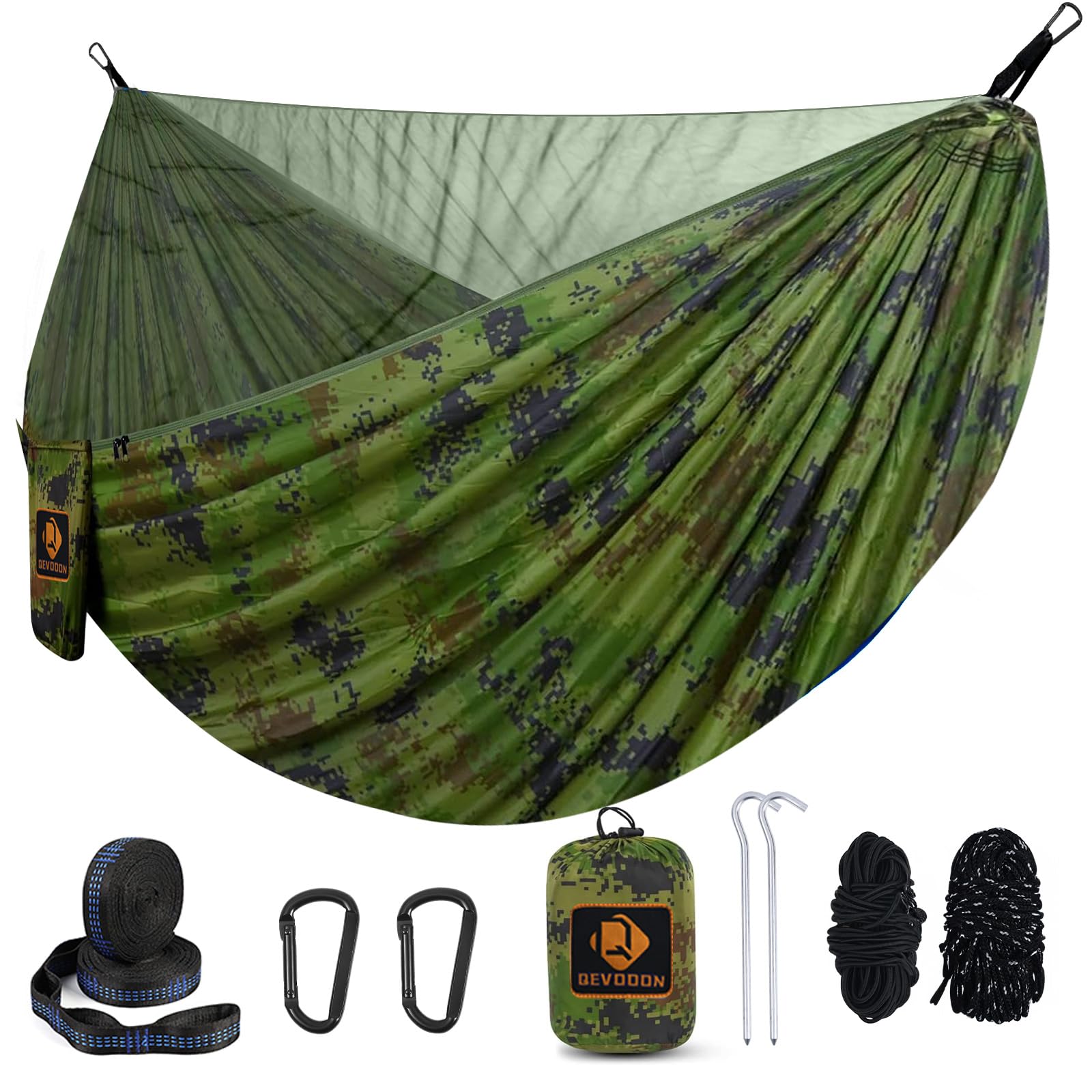 Qevooon front view plaid camouflage hammock showing full setup and visual appeal