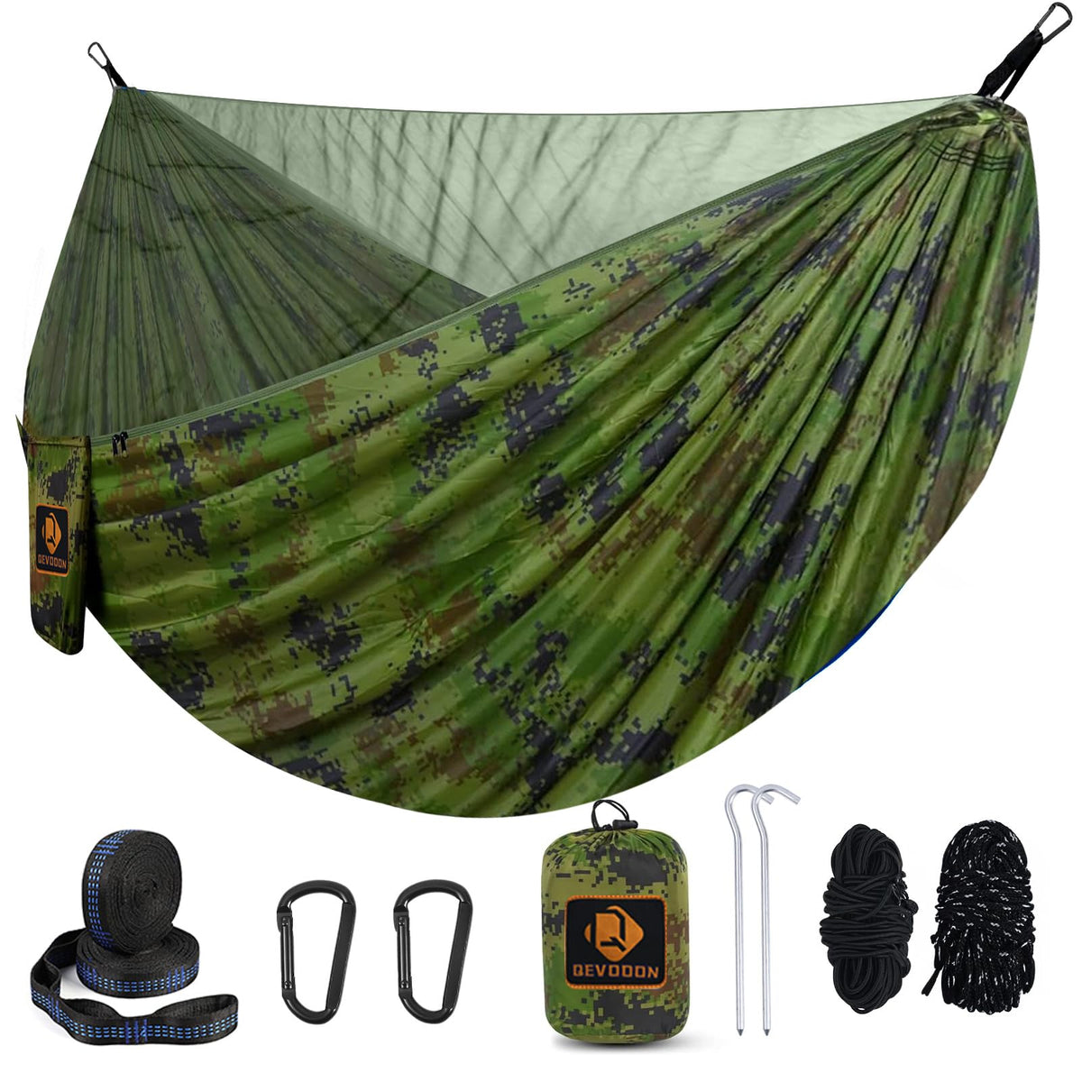 Qevooon front view plaid camouflage hammock showing full setup and visual appeal