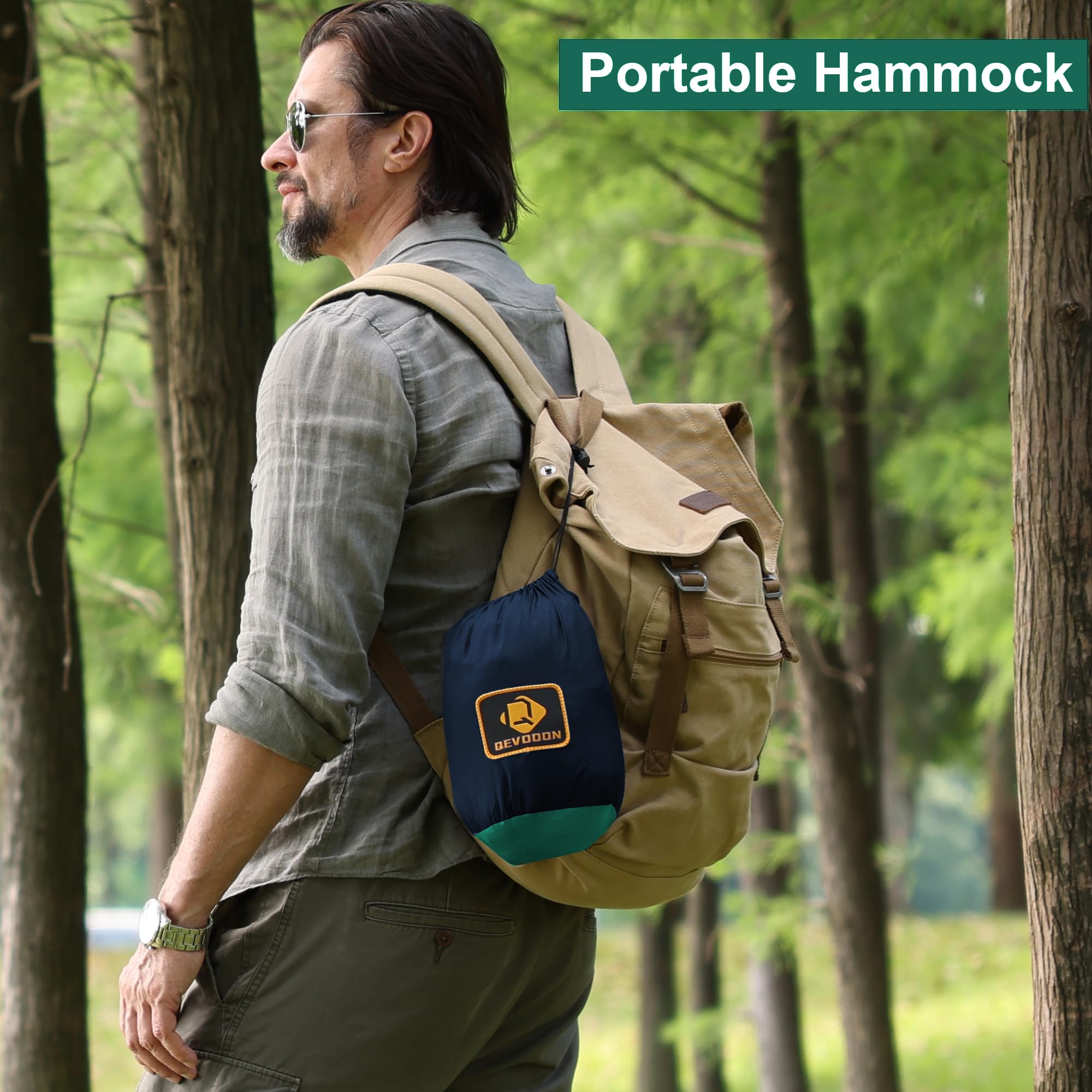 Qevooon packed hammock in stuff sack with straps and hooks for compact portability