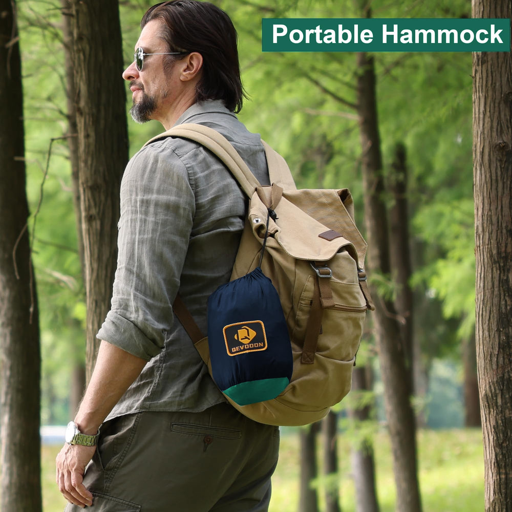 Qevooon packed hammock in stuff sack with straps and hooks for compact portability