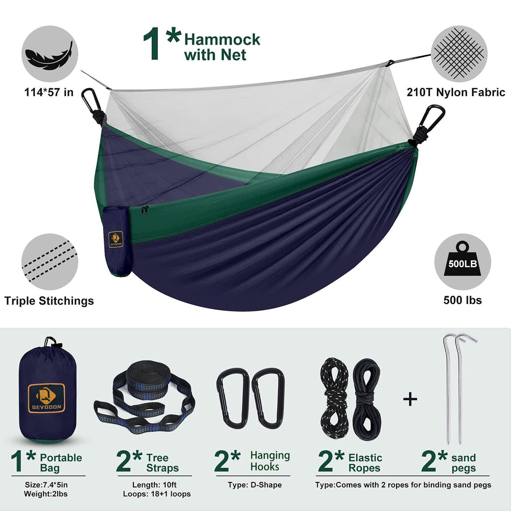 Qevooon hammock hung between trees showing size scale and stable hanging benefit