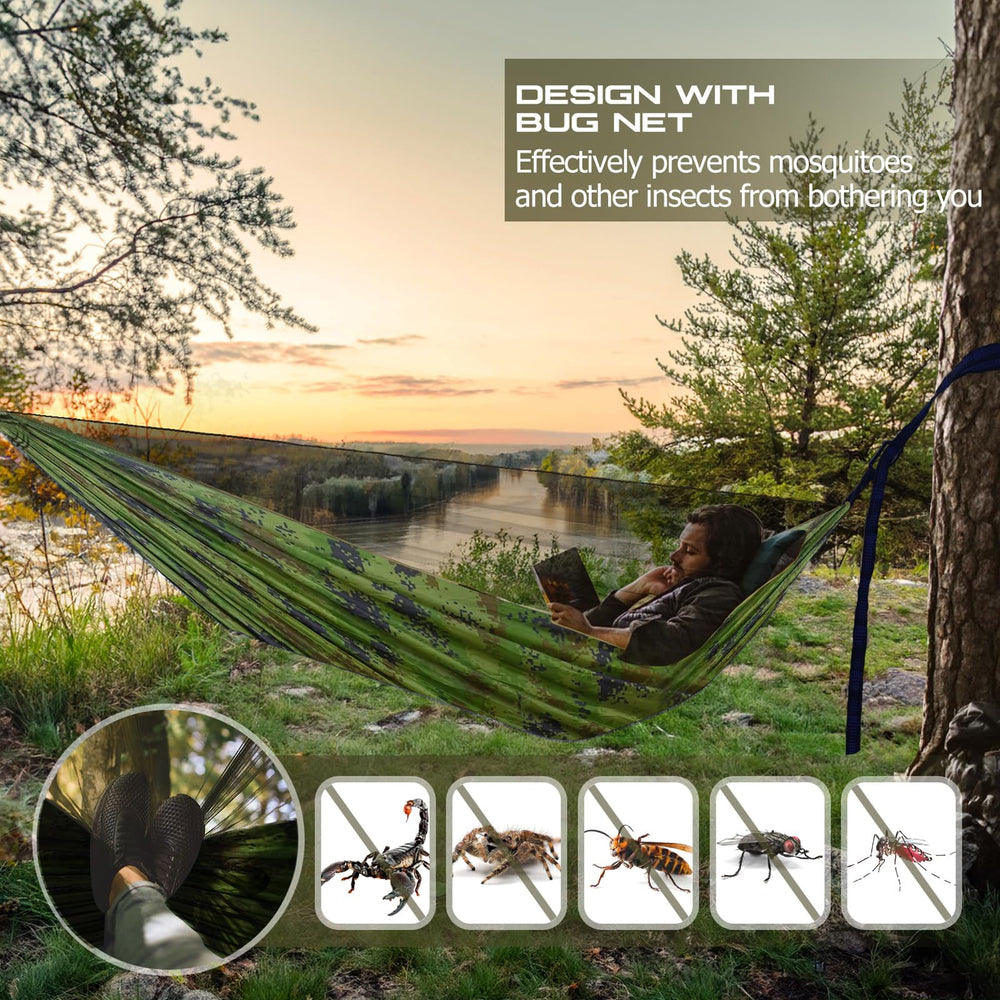 Qevooon tree straps and carabiners detail showing quick setup and tree-friendly anchors