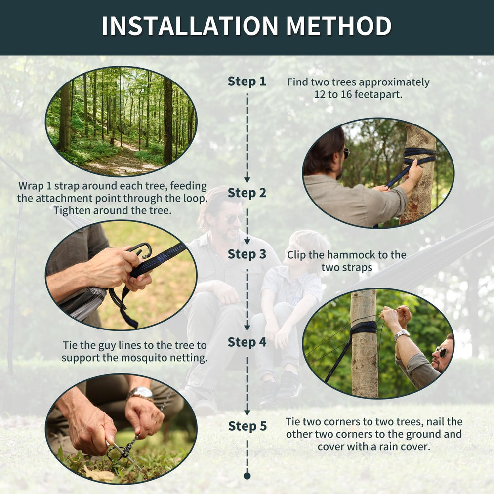 Qevooon setup between trees in forest demonstrating quick installation benefit