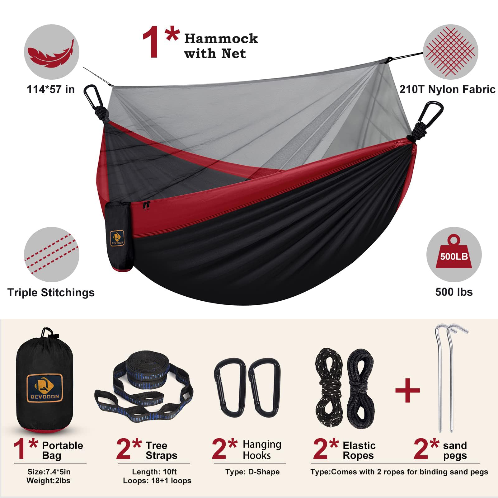 Qevooon hammock hung between trees with person to show size and capacity