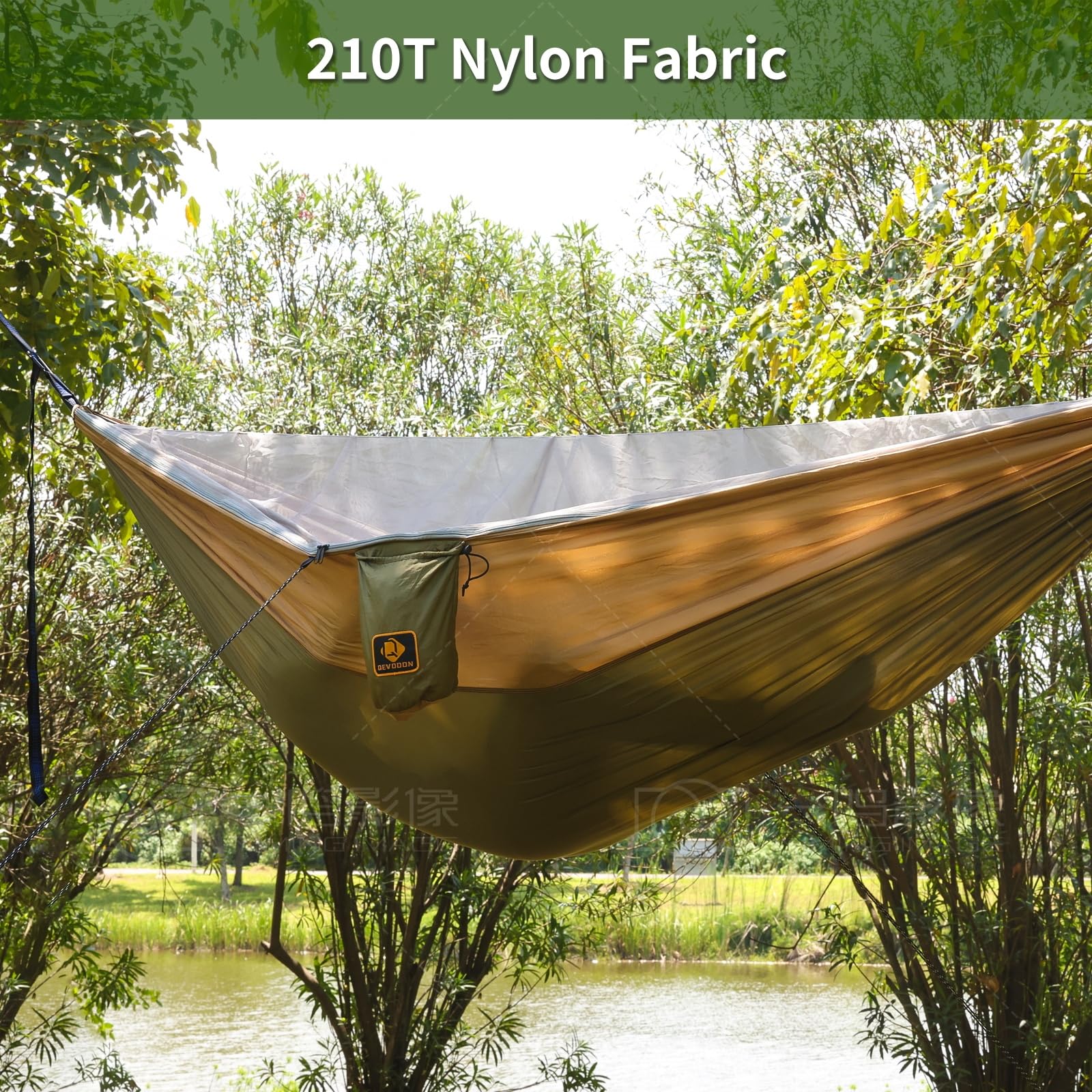 Qevooon tree strap and carabiner closeup showing secure attachment and easy height adjustment