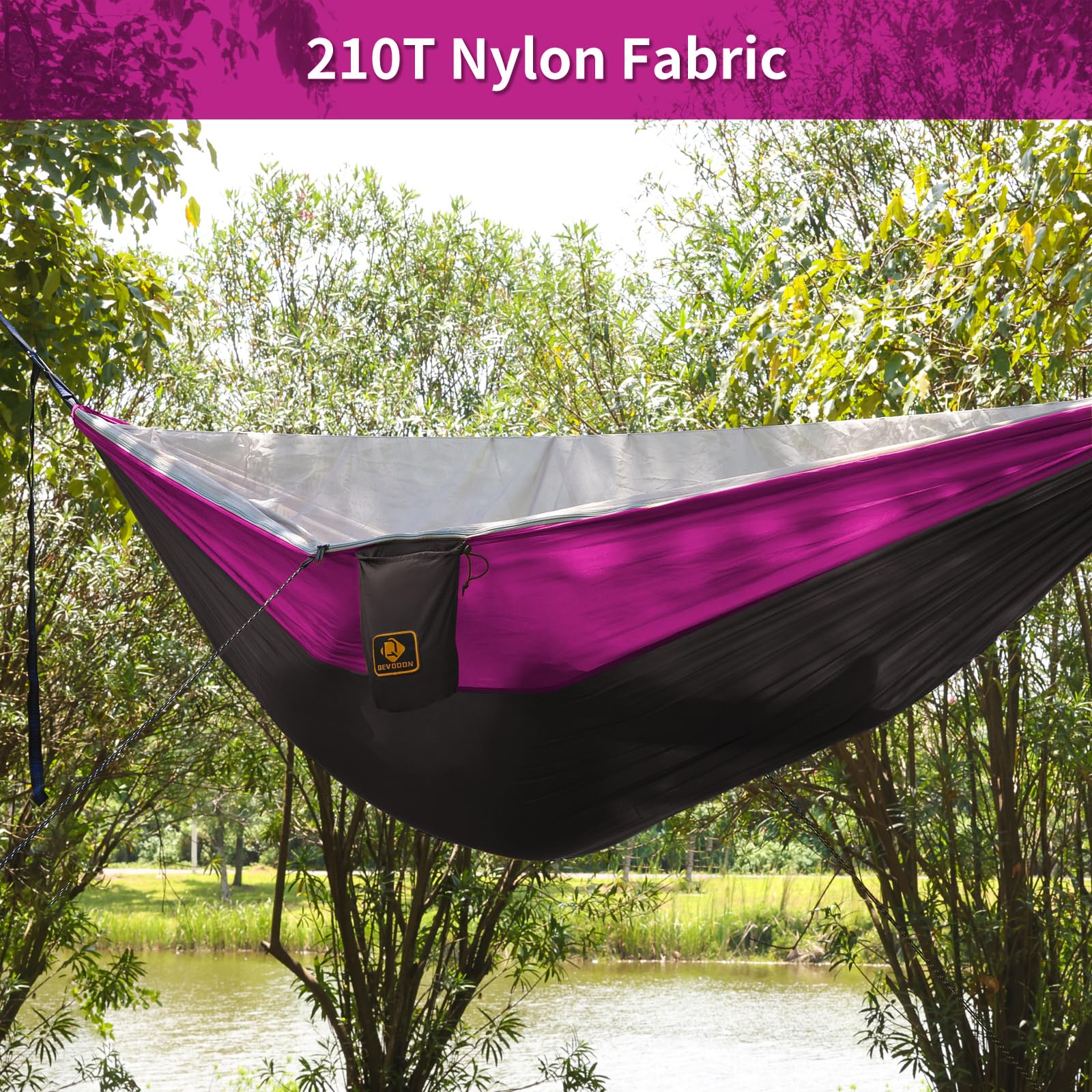 Qevooon tree straps and carabiners displayed, tree-friendly anchors for quick secure setup