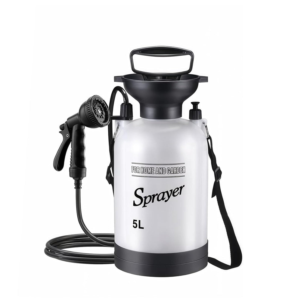 QIYUNI front view showing white tank and nozzle for easy portable showers