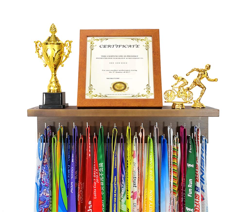 Qktxktzy front view brown shelf showing neat medal display benefit visibility