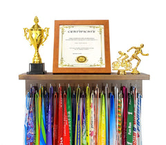 Qktxktzy front view brown shelf showing neat medal display benefit visibility
