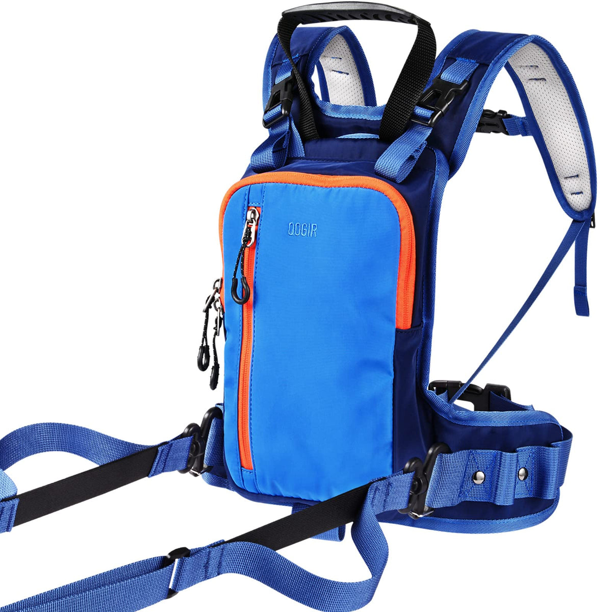 QOGIR front view of blue harness showing vest fit and buckles for safer learning