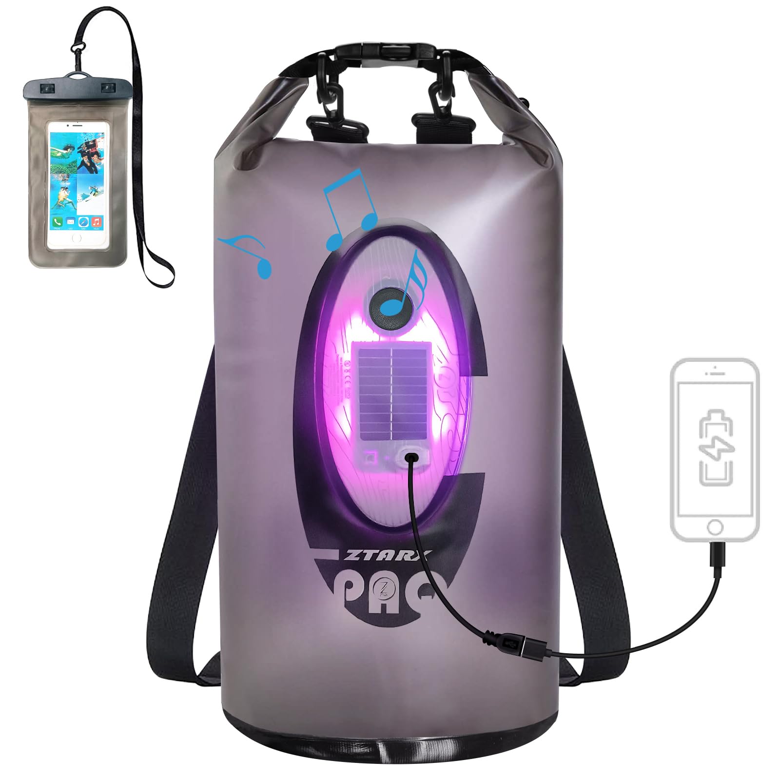 Qoolife front view showing dry bag exterior and easy-access pocket protecting gear