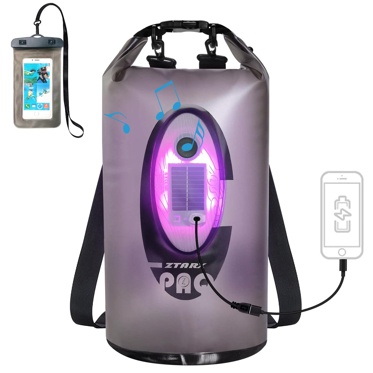 Qoolife front view showing dry bag exterior and easy-access pocket protecting gear