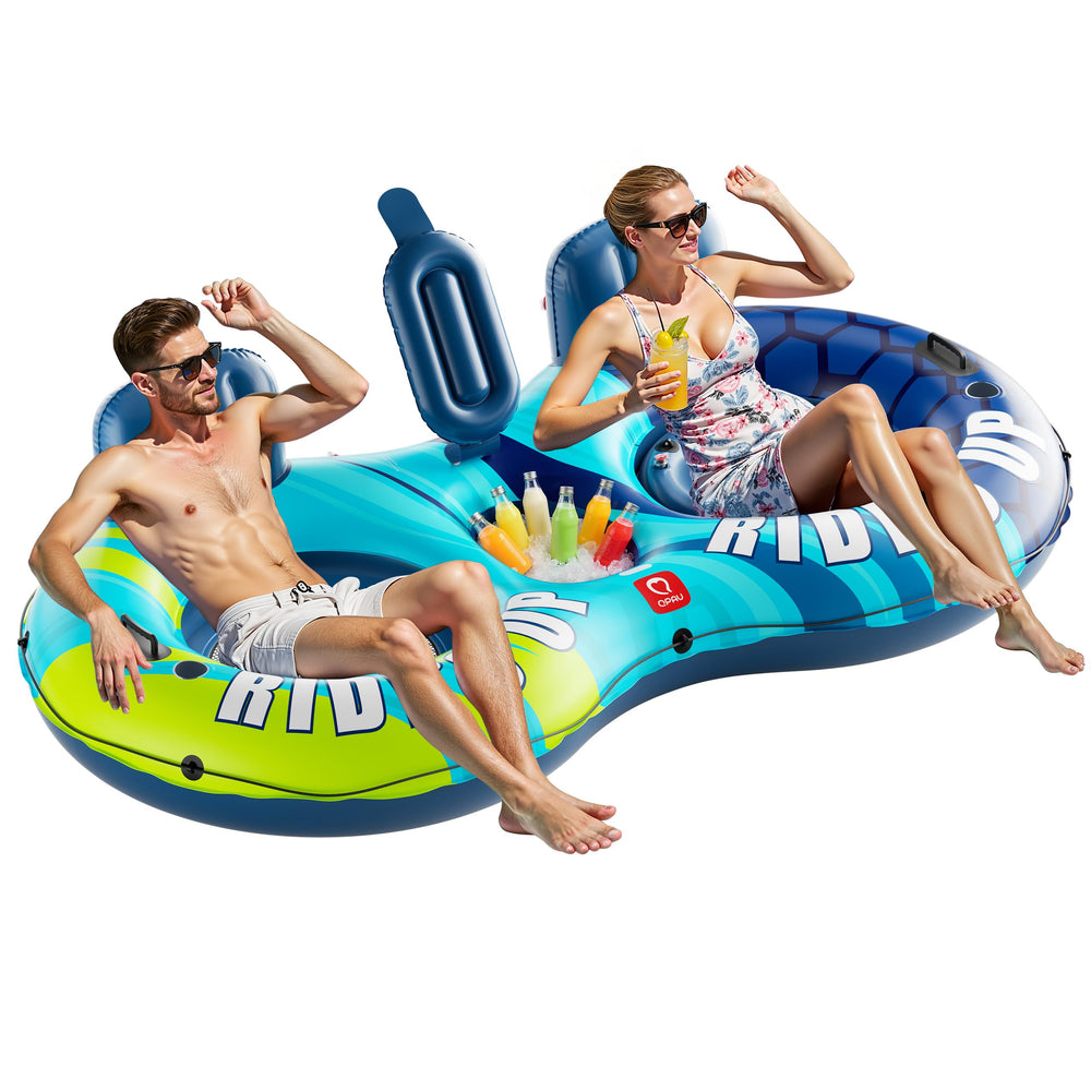QPAU front view of blue 2-person river tube showing size and stability