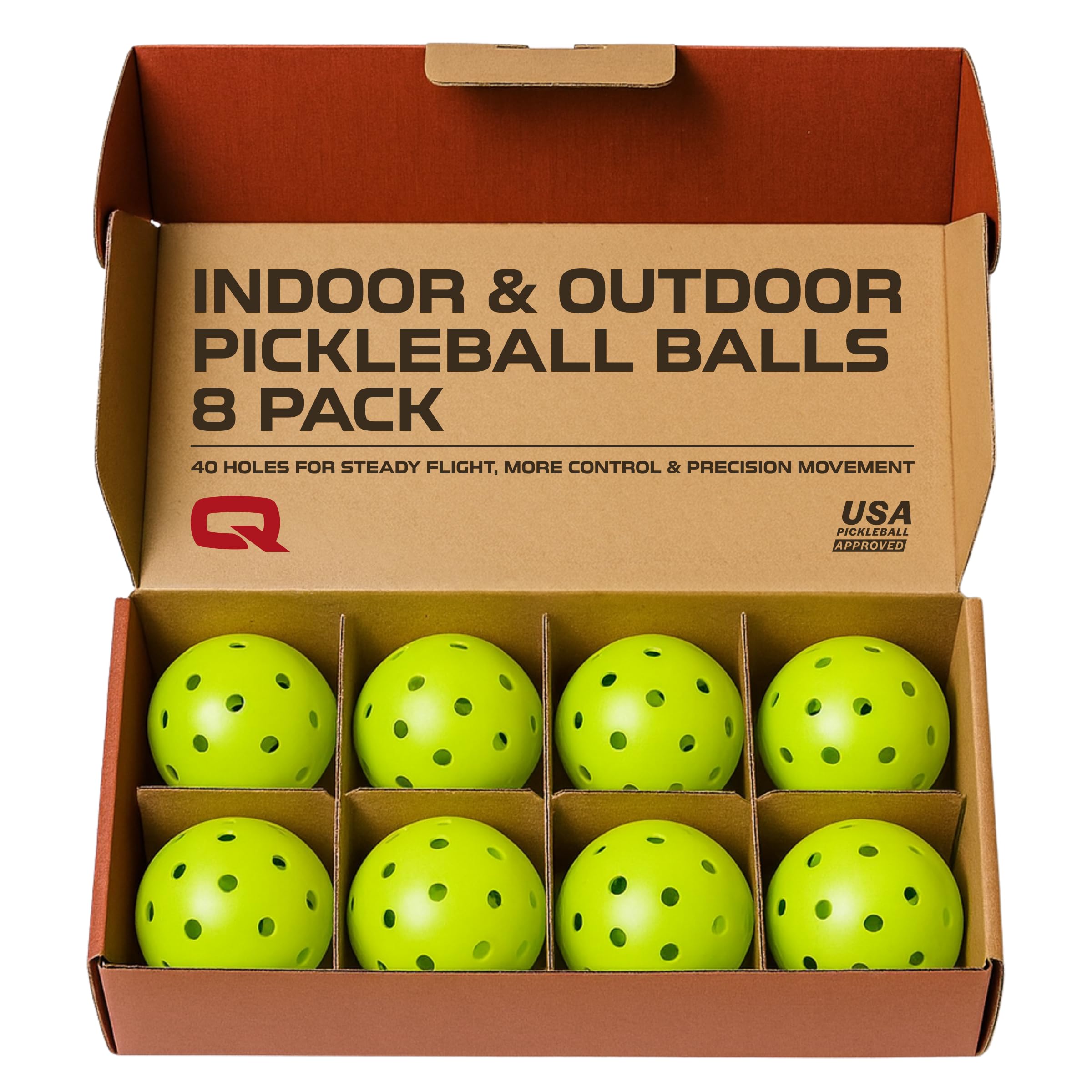 QRANC neon green balls front packaging shows USAPA approval and pack of eight for ready play
