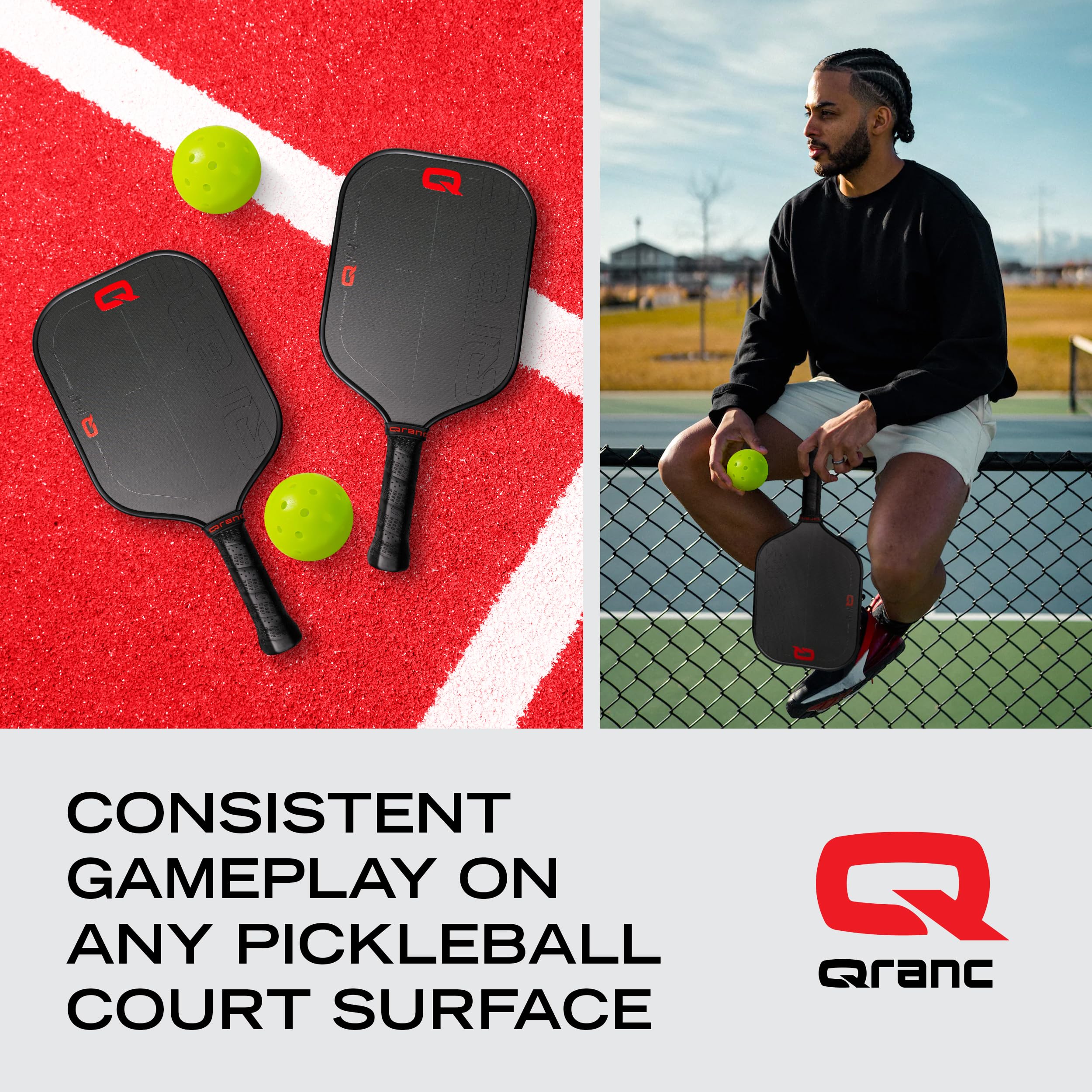 QRANC ball in play on court conveying predictable bounce and improved rally consistency