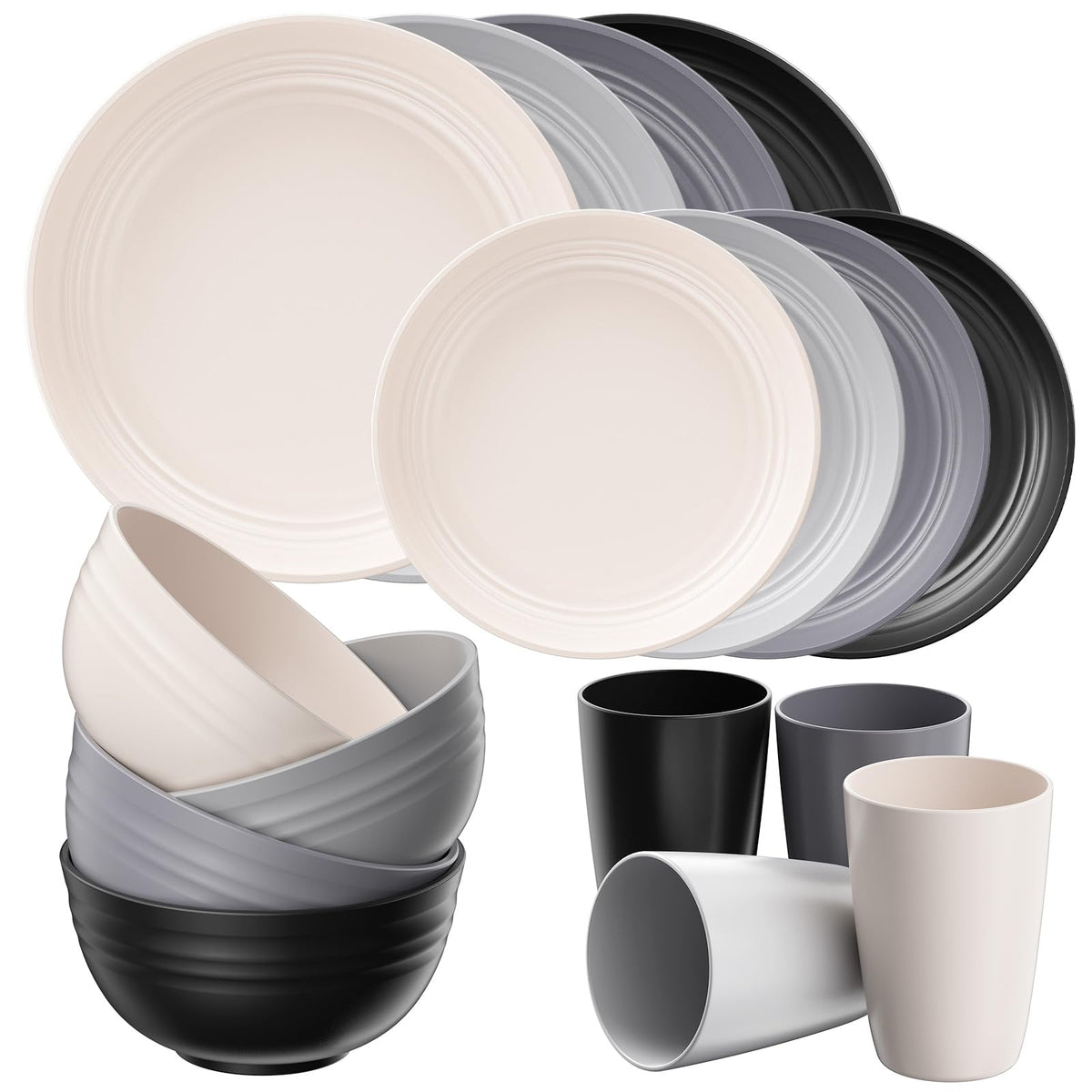 Quatish front view of full 16-piece grey dinnerware set showing elegant tabletop benefit