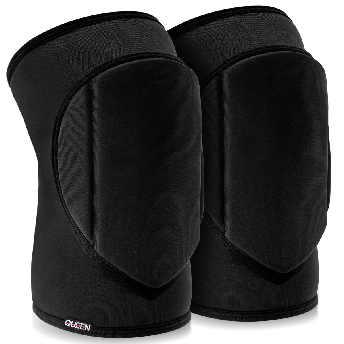 Queen Wear front view of black knee pads showing sleek protective profile and comfort