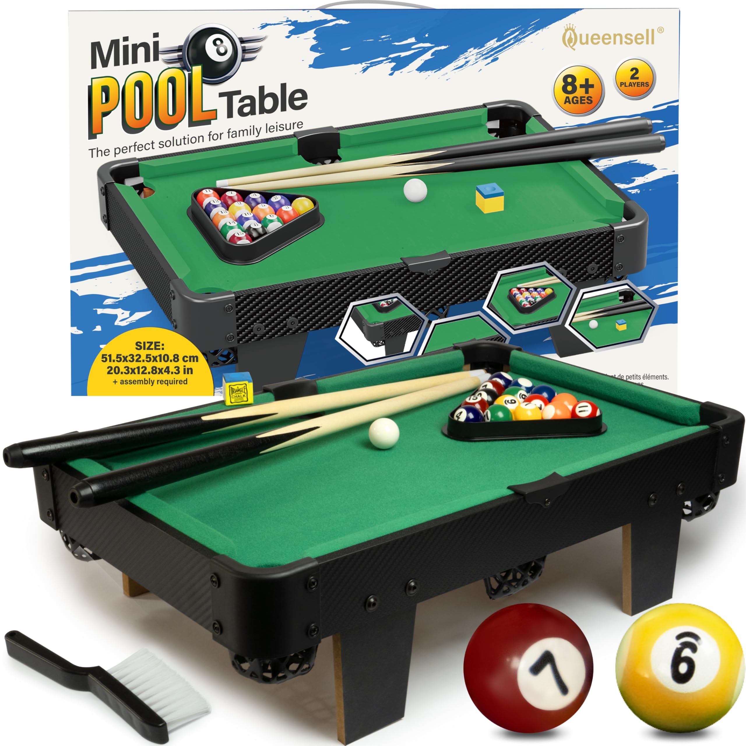 Queensell front view mini pool table shows compact design and play readiness