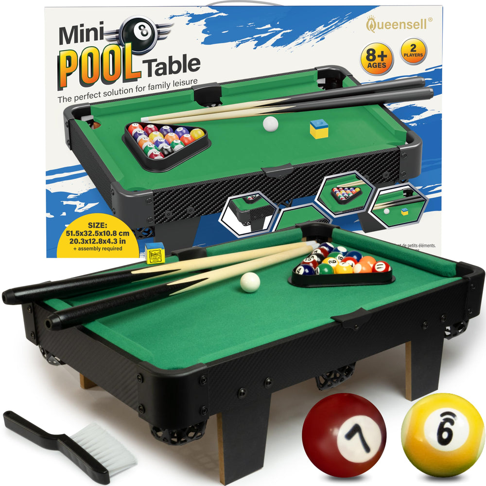 Queensell front view mini pool table shows compact design and play readiness