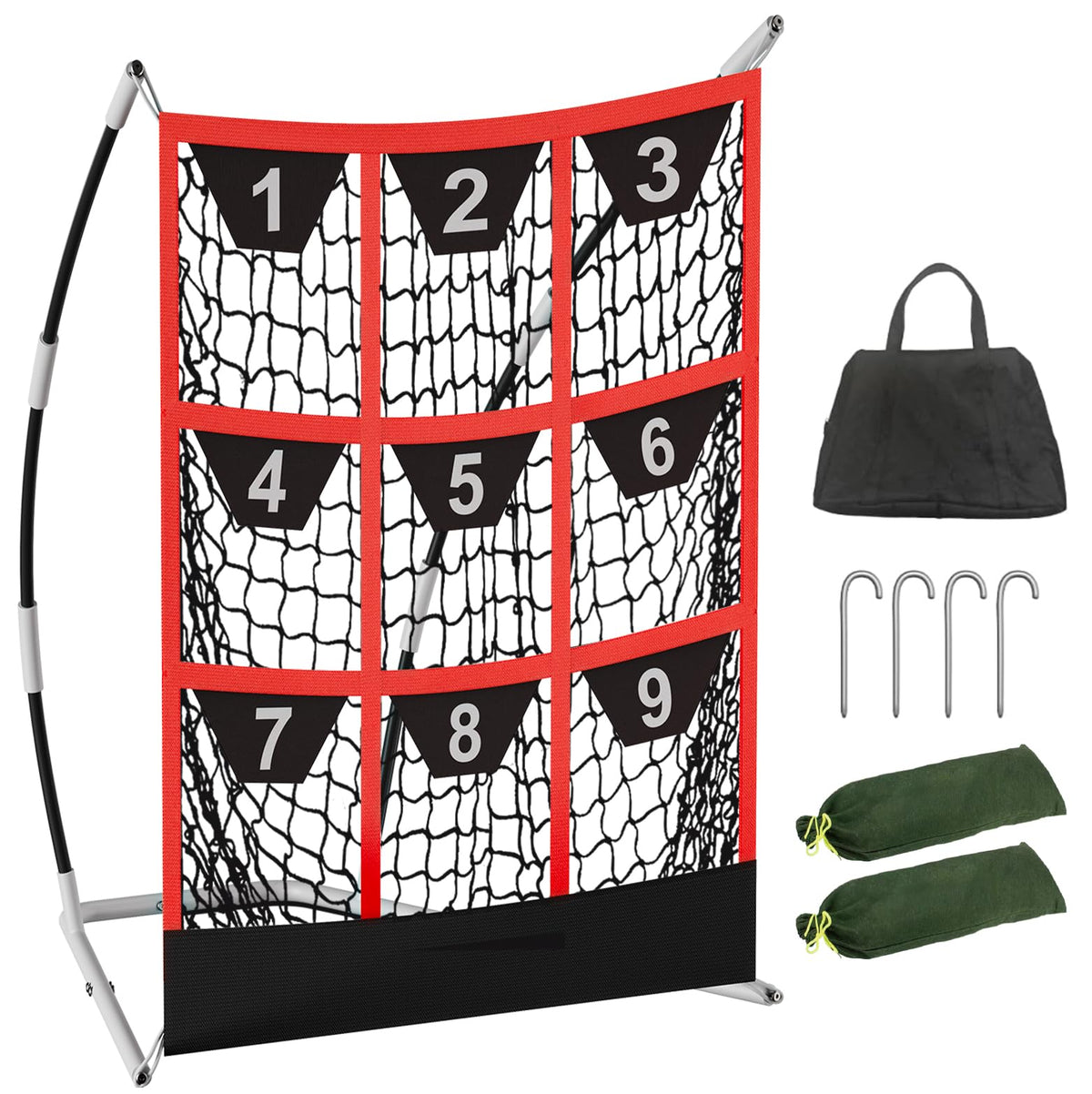 Queension front view full net showing nine target pockets and portability benefits