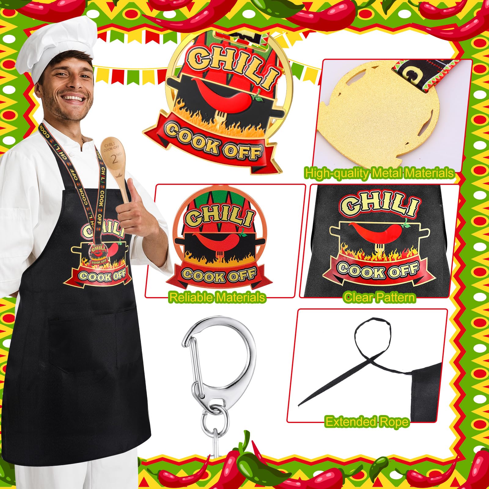 Quelay chef apron flat-lay illustrating apron size and washable polyester fabric