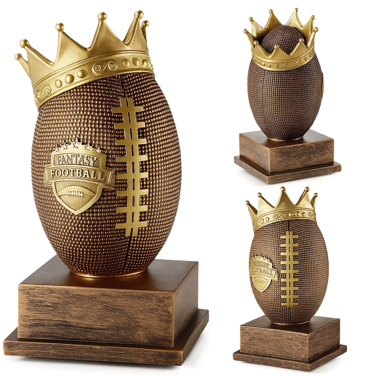 Quelay trophy front view showing bronze gold finish and football detail, ideal for display