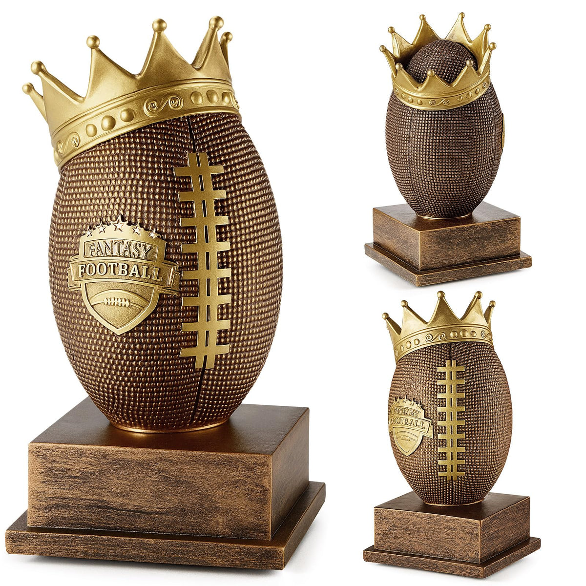Quelay trophy front view showing bronze gold finish and football detail, ideal for display
