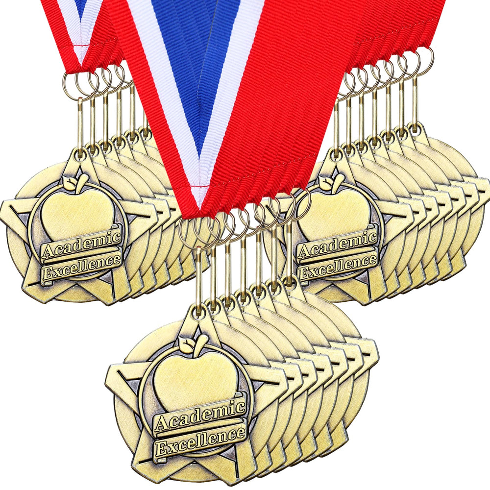 Quelay front-facing pack of 30 medals showing polished finish and ribbons, great for events