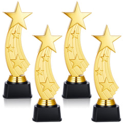 Quelay front view of four gold star trophies showing elegant display benefit