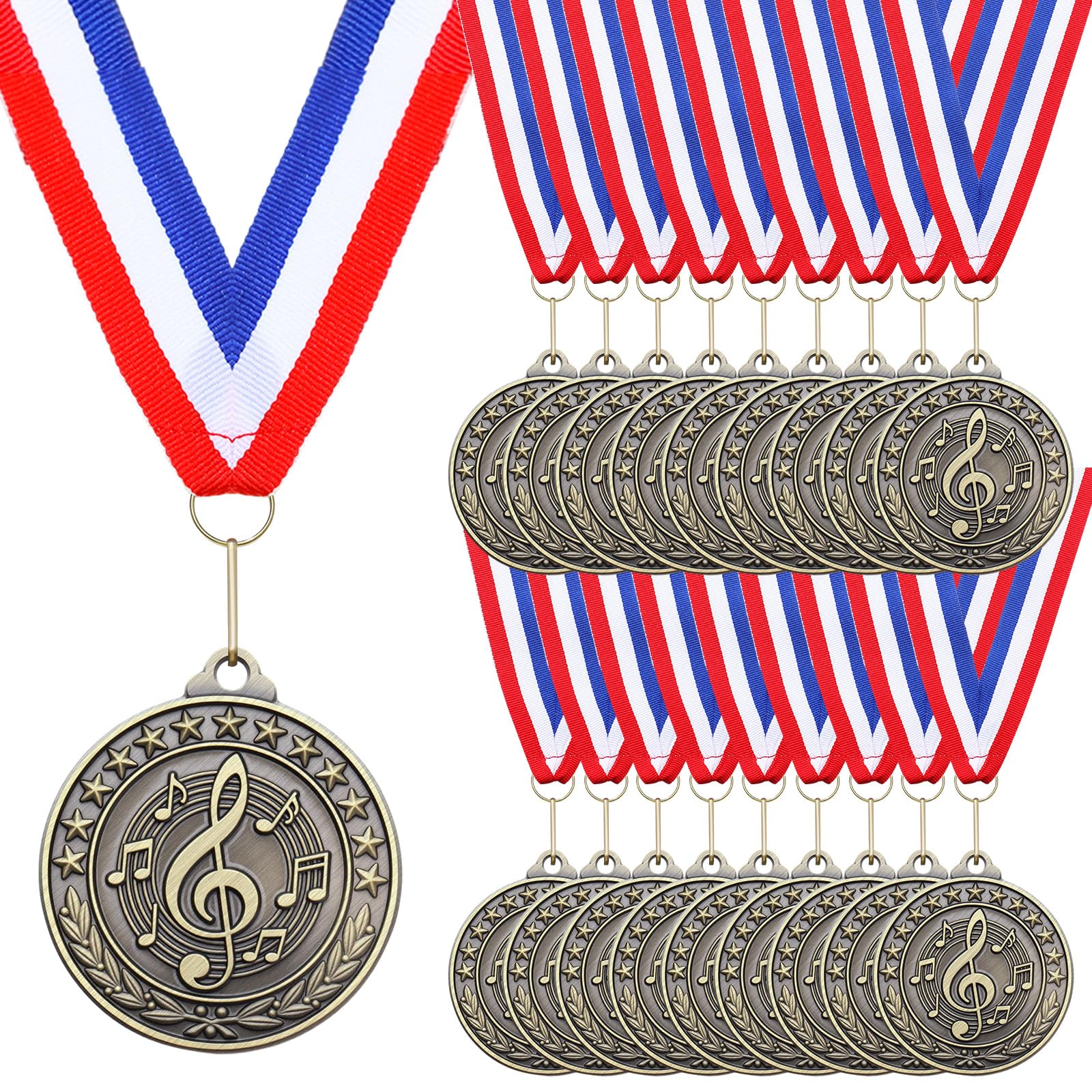 Quelay front view of music medal showing treble clef and laurel for clear recognition
