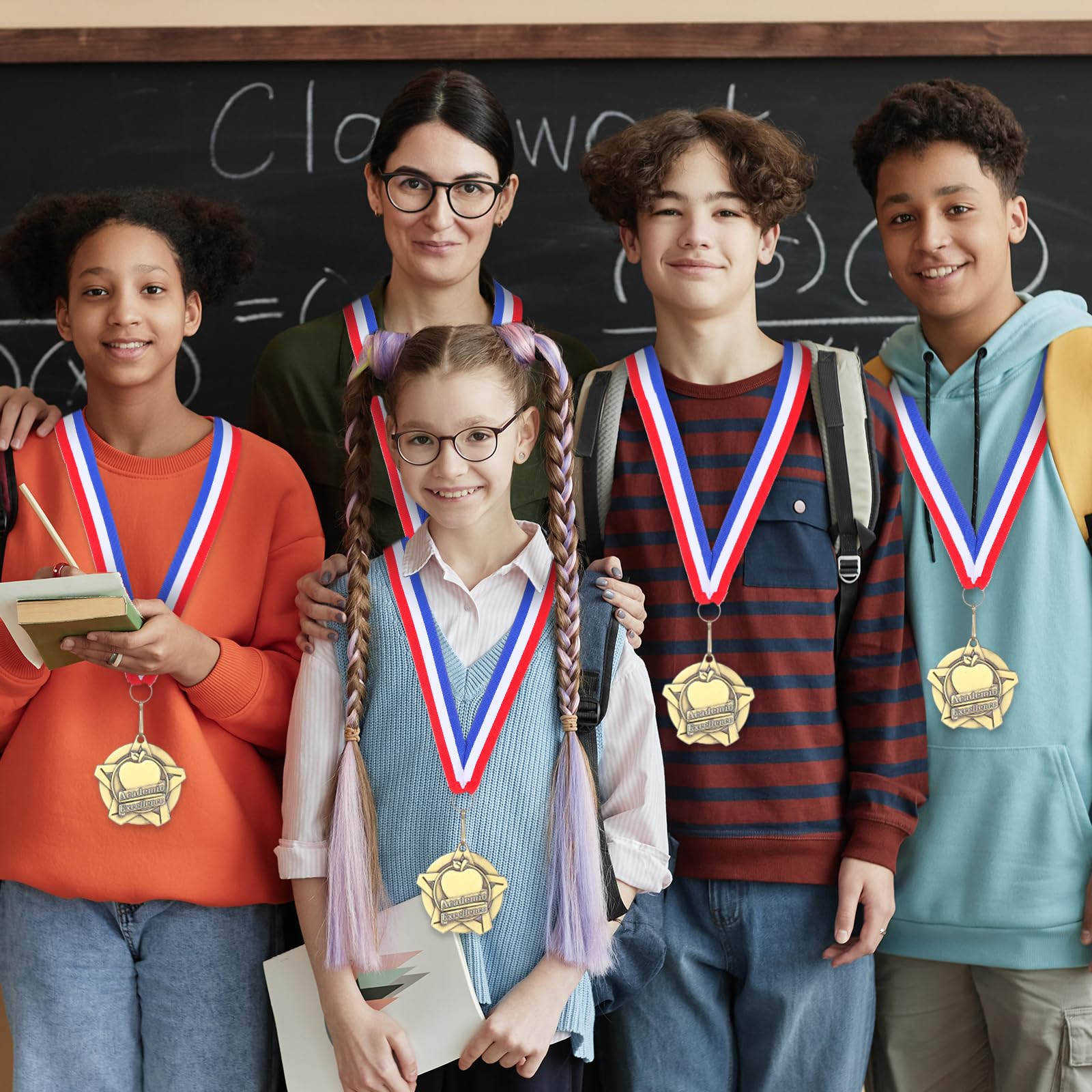 Quelay medal held in hand for scale, two-inch size ideal for students and easy wear