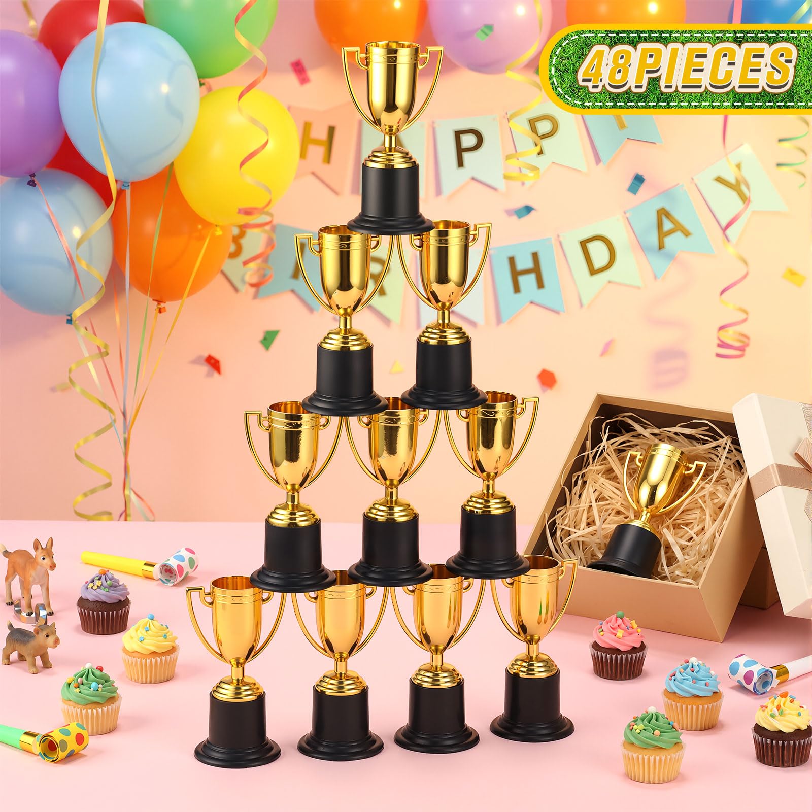 Quelay bulk display of many trophies showing quantity and easy distribution