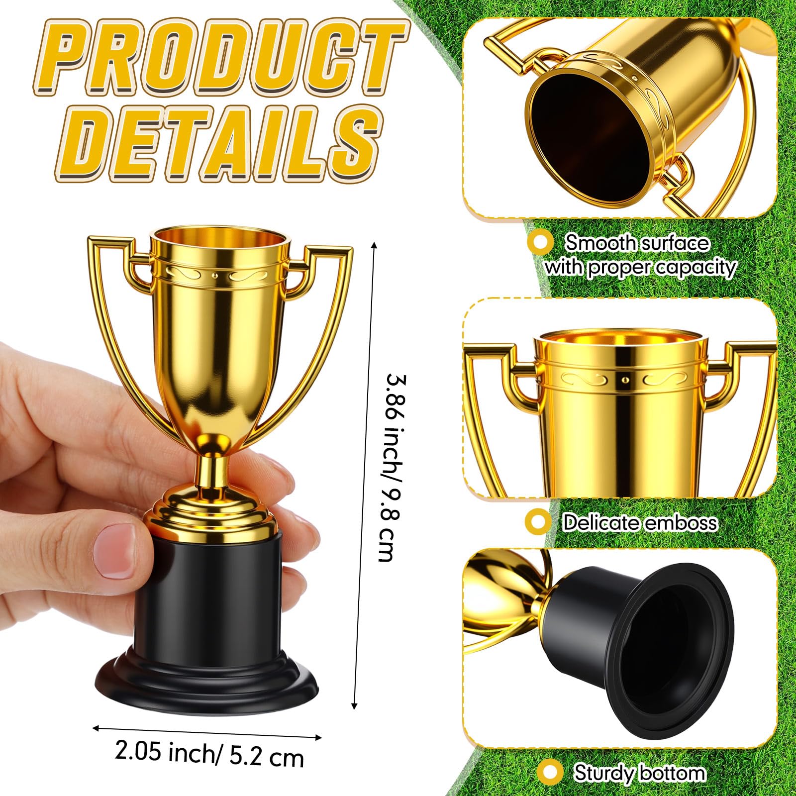 Quelay close-up of trophy cup showing shiny textured plastic and eye-catching finish