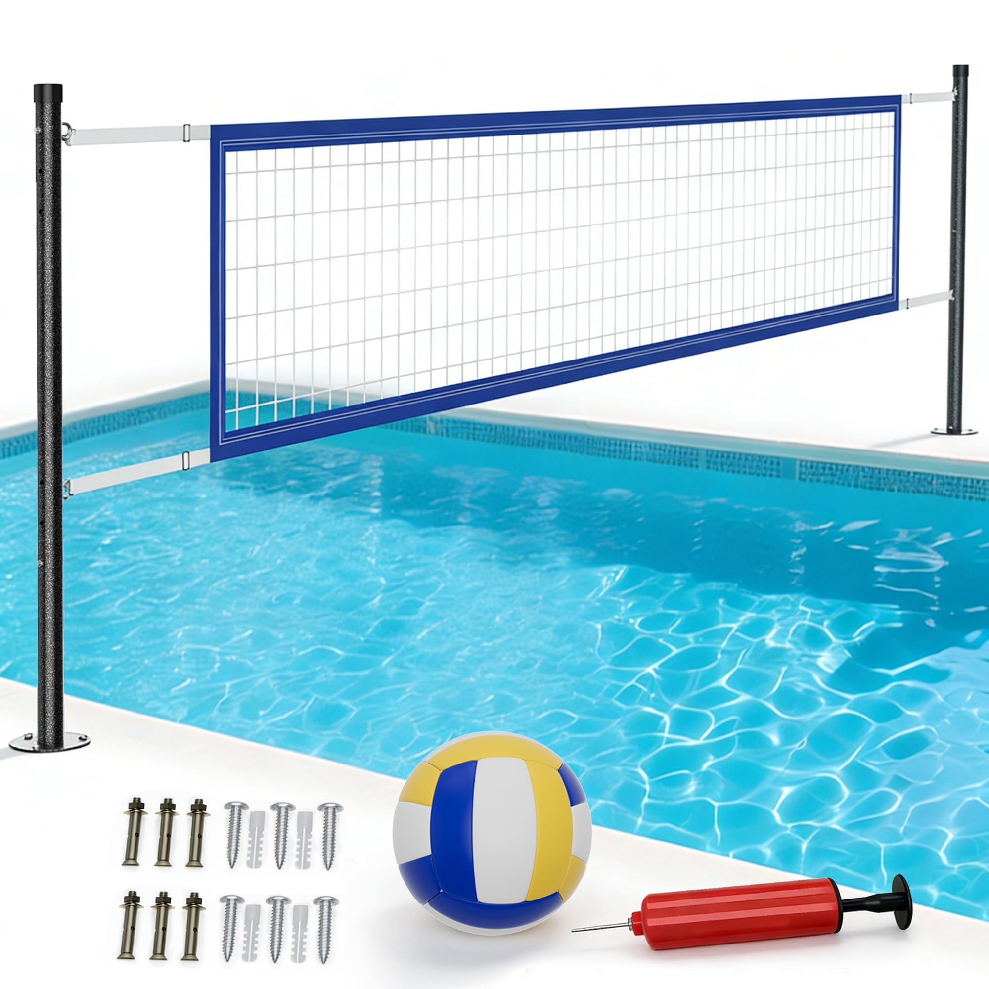 Qufiona front view of pool net with poles showing durable setup and curb appeal
