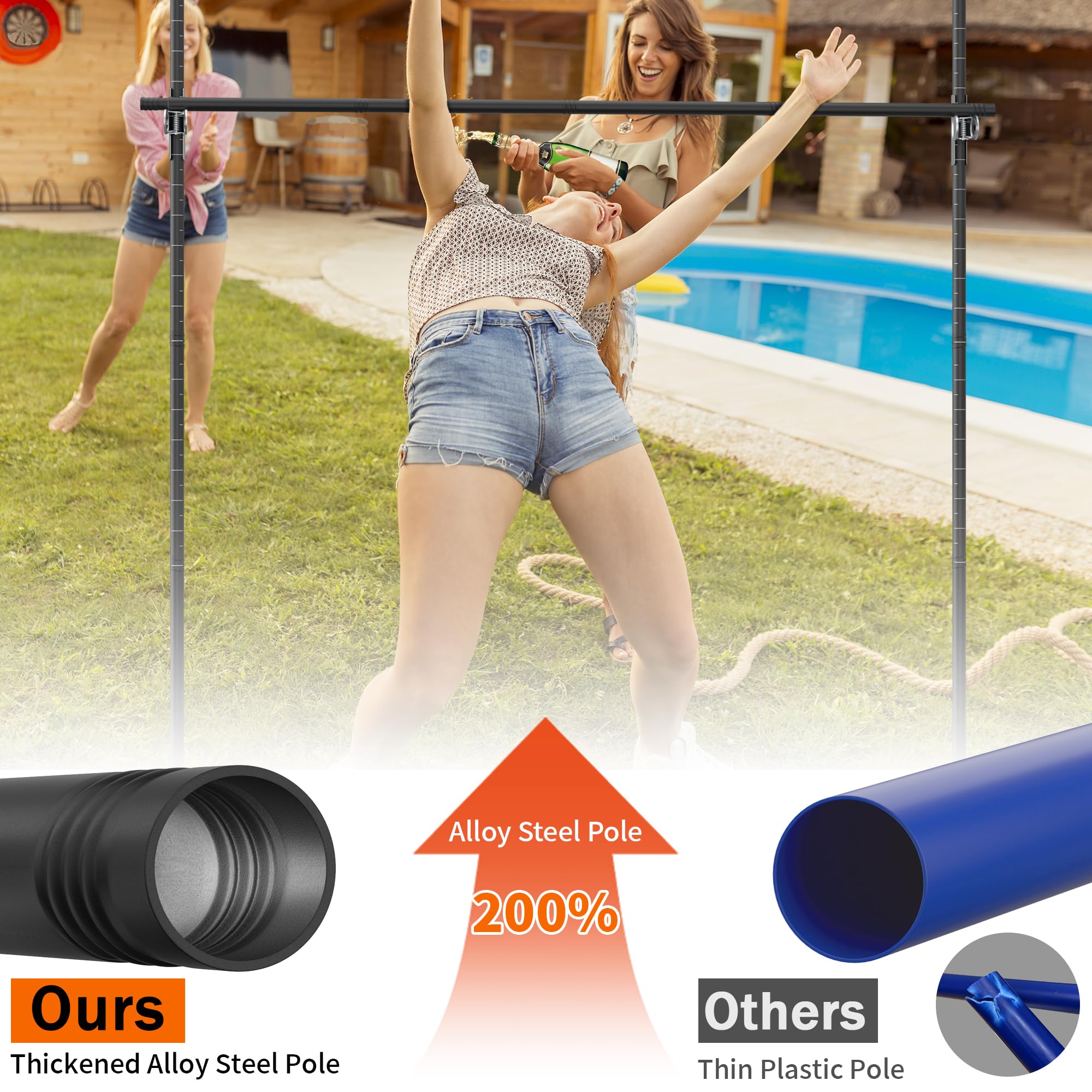 Qufiona limbo set next to adult for scale and height adjustability