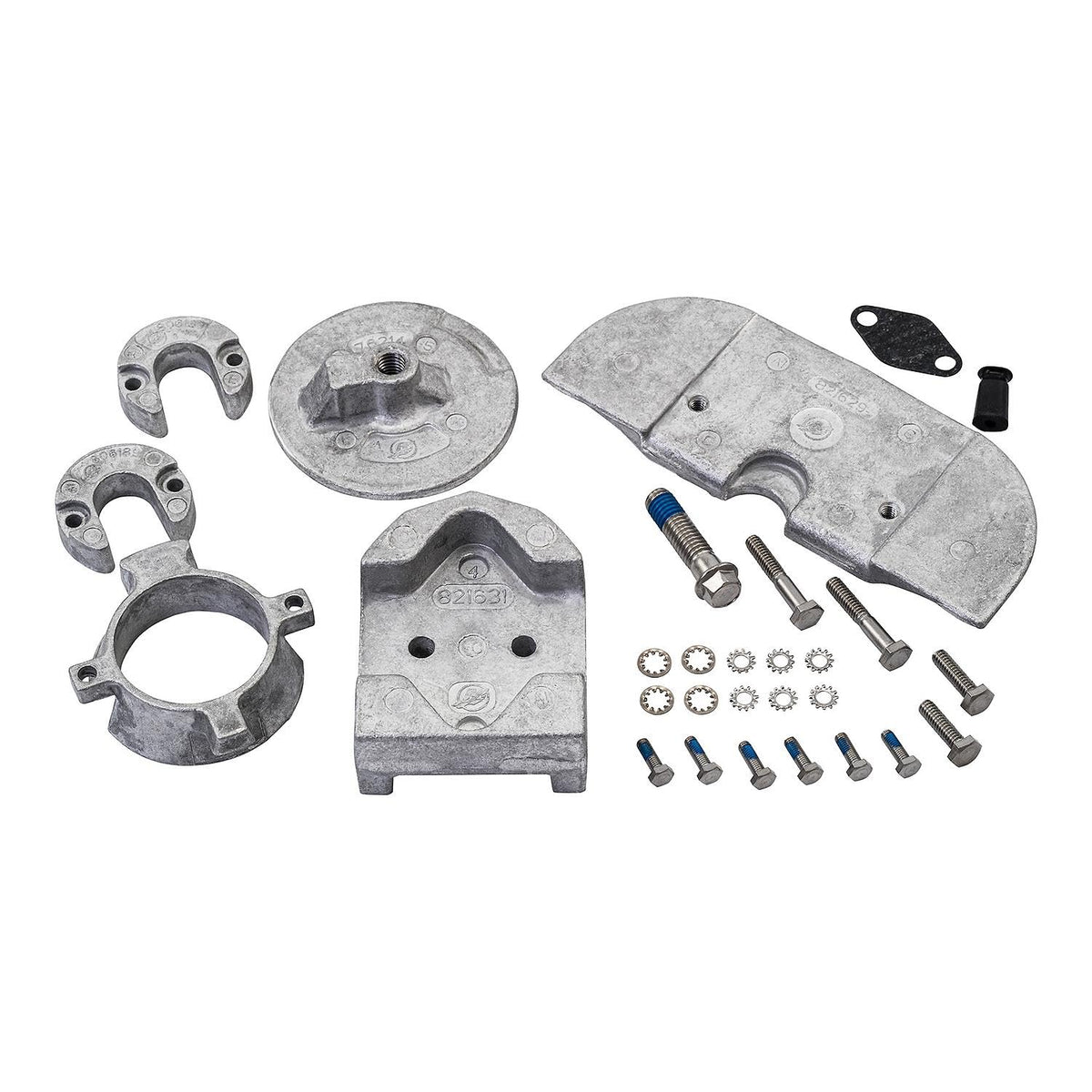 Quicksilver 888756Q03 kit front view showing all six anodes and hardware for full drive protection