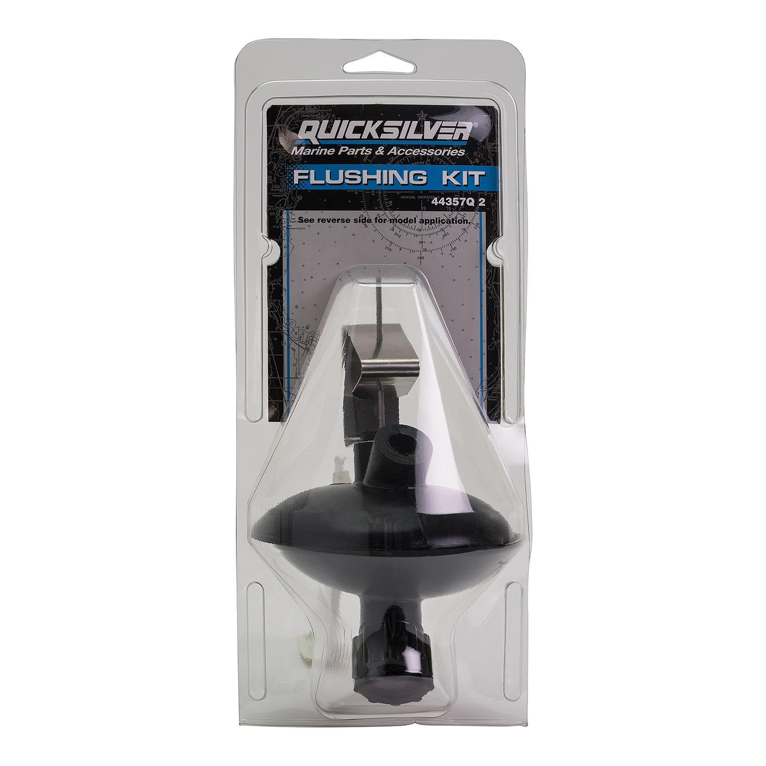 Quicksilver flushing kit attached to lower unit demonstrating secure fit and easy freshwater rinse