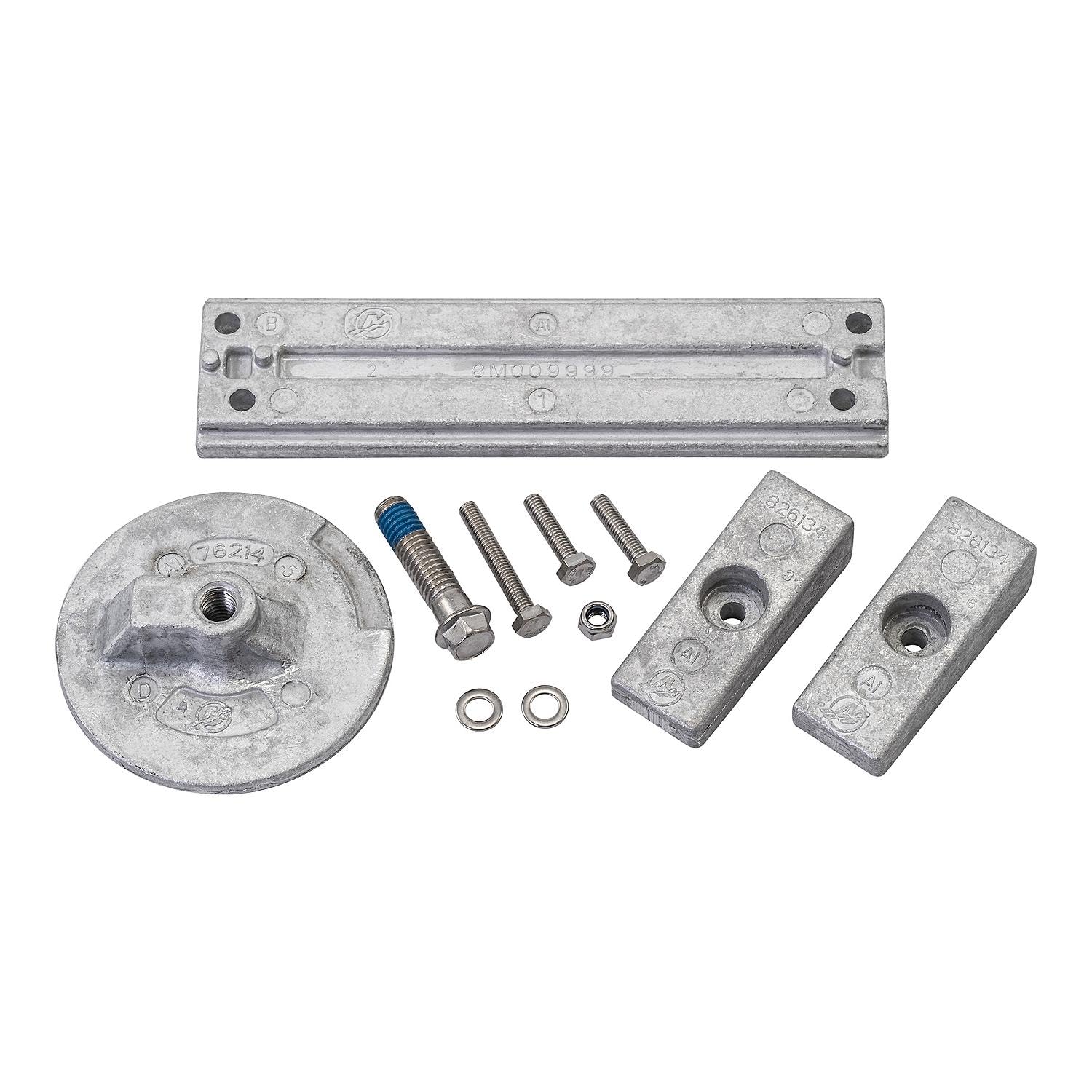 Quicksilver front view of aluminum anode kit showing included hardware and clear fit