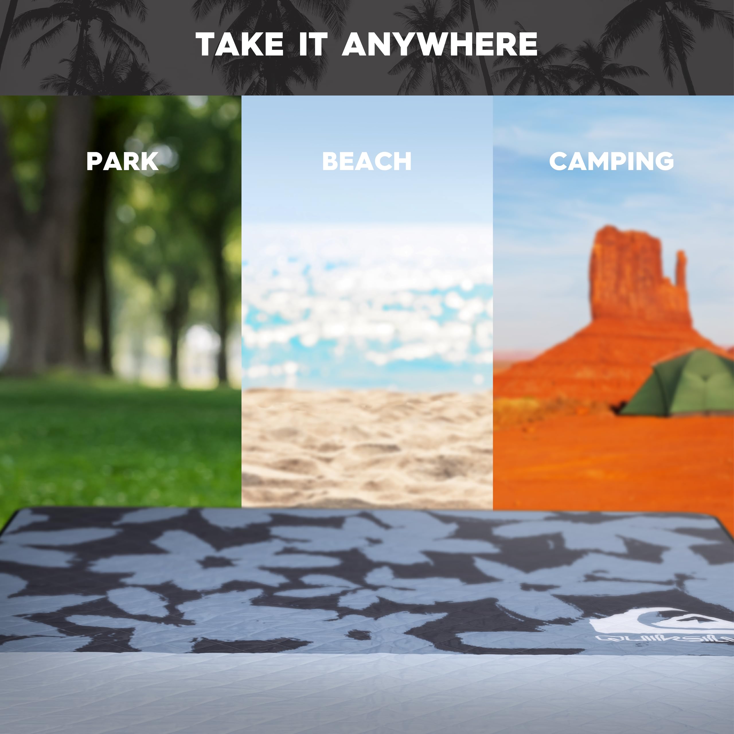 Quiksilver large mat spread on sand keeping family area dry and sand-resistant