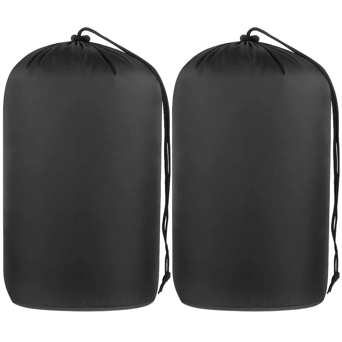 Quinnsus front view of two black stuff sacks showing compact storage benefit