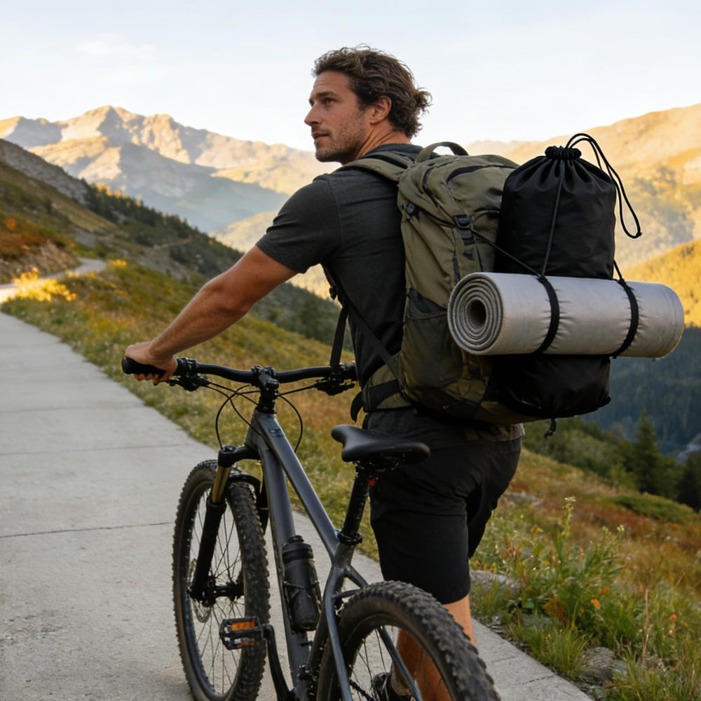 Quinnsus sacks stacked inside a backpack showing efficient space saving