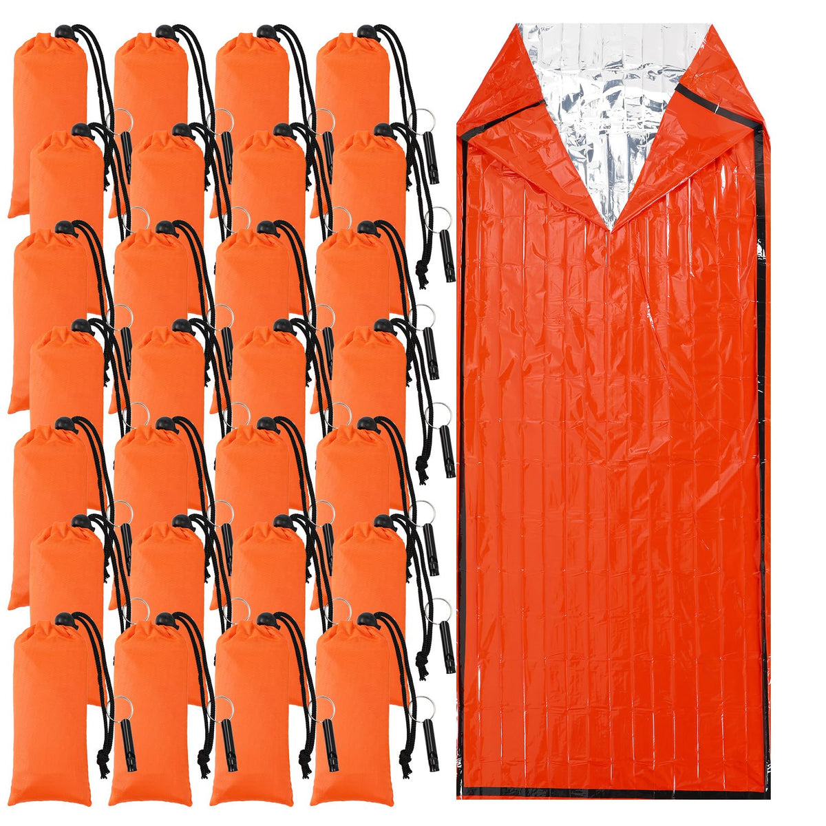 Qunclay front packaging showing 24 bright orange bivvy sacks for group readiness