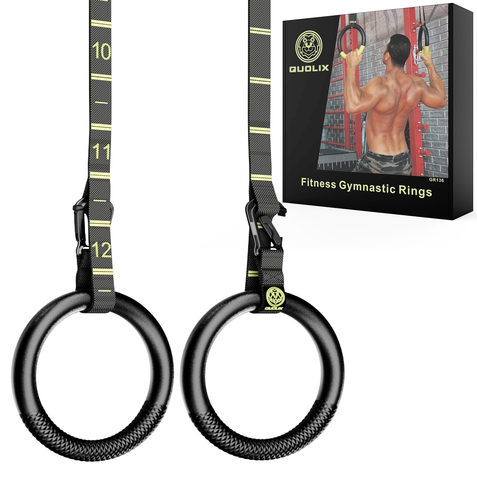 QUOLIX front view of gymnastic rings set showing durable packing and complete kit benefits
