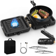 Qvamodo front view folded stove showing compact portability and quick setup