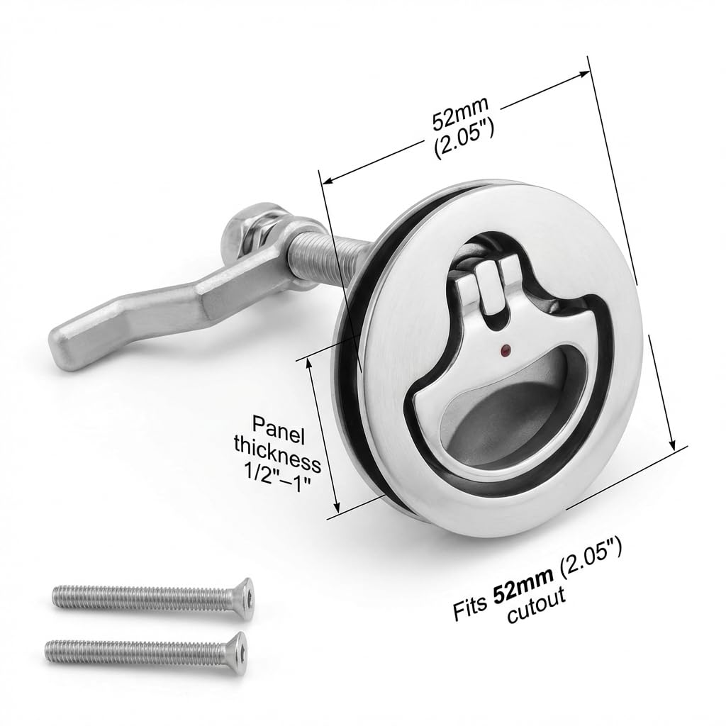 QWORK latch beside ruler showing 52mm cutout fit for accurate sizing