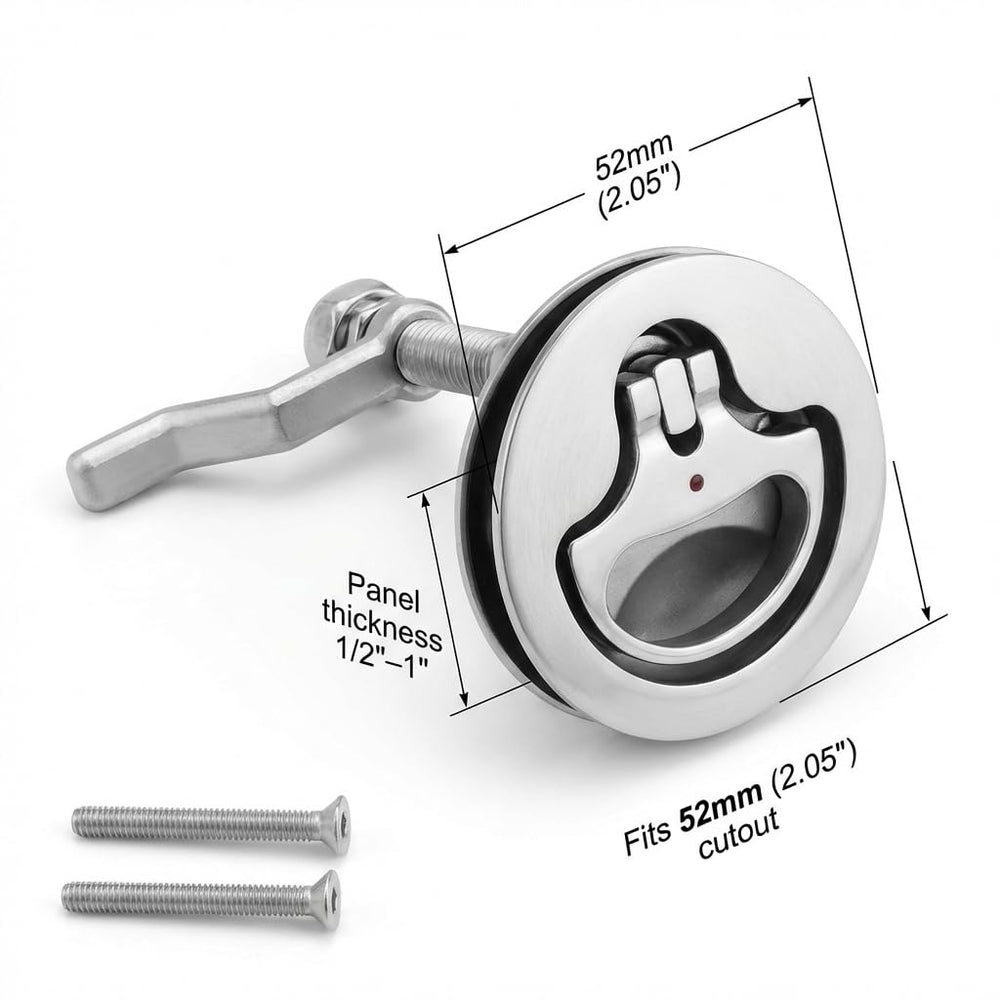 QWORK latch beside ruler showing 52mm cutout fit for accurate sizing