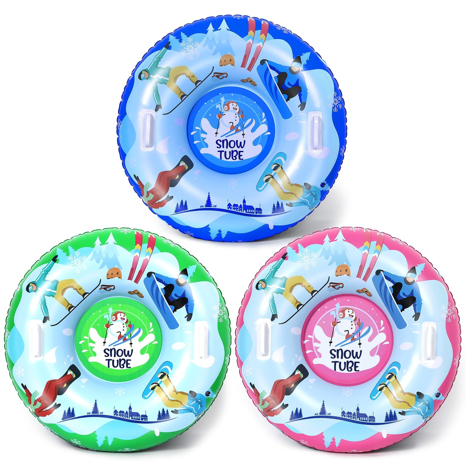 Qyeahkj three snow tubes front view shows bright colors and group fun
